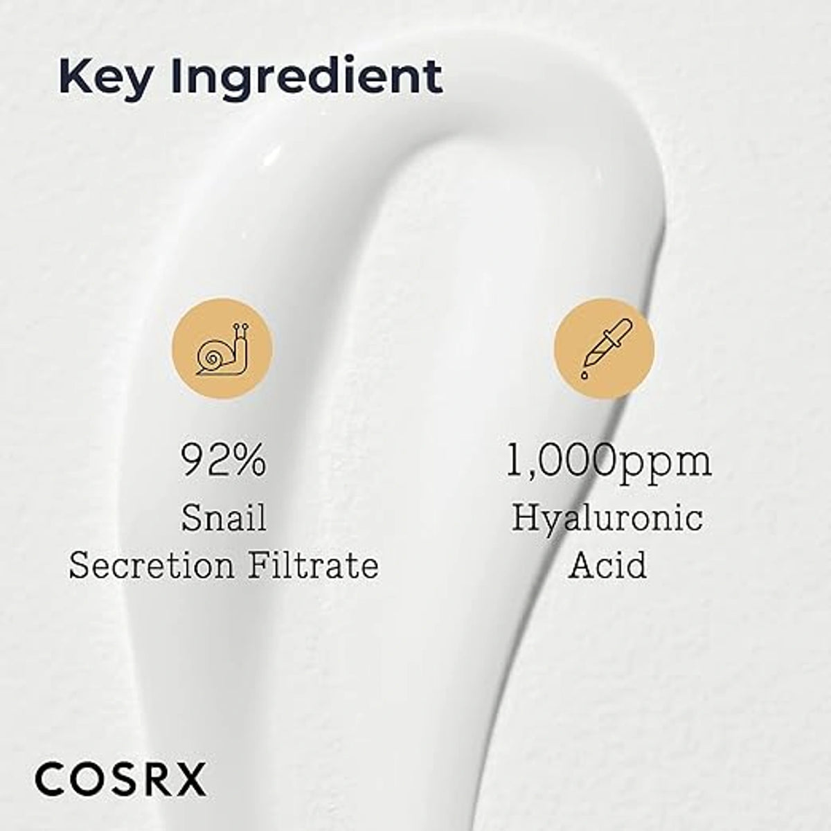 Swatch of COSRX Advanced Snail 92 All in One Cream texture with key ingredient callouts for 92% snail secretion filtrate and 1,000 ppm hyaluronic acid