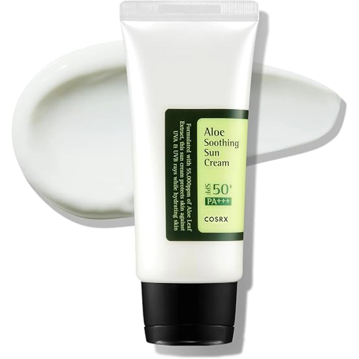 White tube of COSRX Aloe Soothing Sun Cream SPF 50+ PA+++ with a green label stating it is formulated with 55,000ppm of Aloe Leaf Extract, standing in front of a smeared white cream swatch