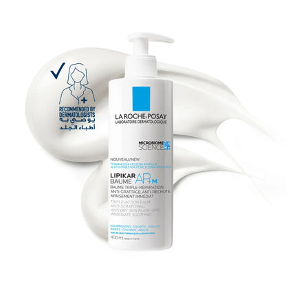 La Roche-Posay Lipikar Baume AP+M 400 ml pump bottle standing against a swirl of white balm, next to a 'Recommended by Dermatologists' badge with Arabic text.