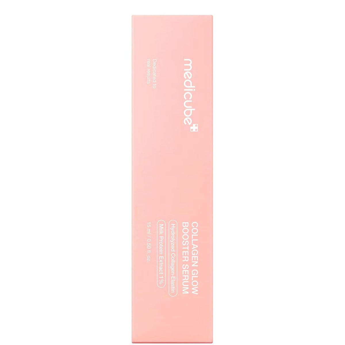 Pink medicube carton for the Collagen Glow Booster Serum showing the brand logo, product name, Hydrolyzed Collagen-Elastin and Milk Protein Extract 1% details and 15 ml size