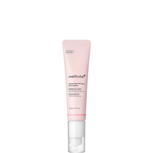 medicube PDRN Pink Peptide Eye Cream 30 ml pink tube with white pump applicator standing upright, showing PDRN Sodium DNA and Niacinamide 5% text